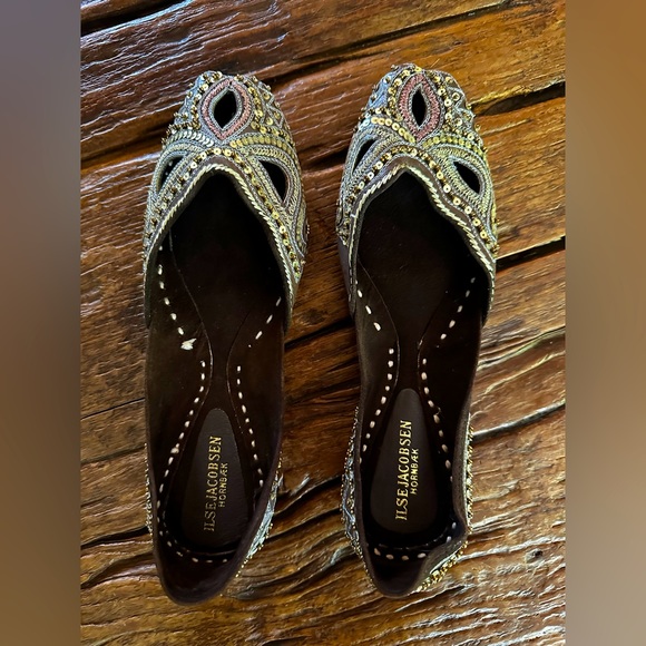 vintage Ilse Jacobsen gold silver brown beaded sequin India bridal flats 38 7 8 - Picture 2 of 4
